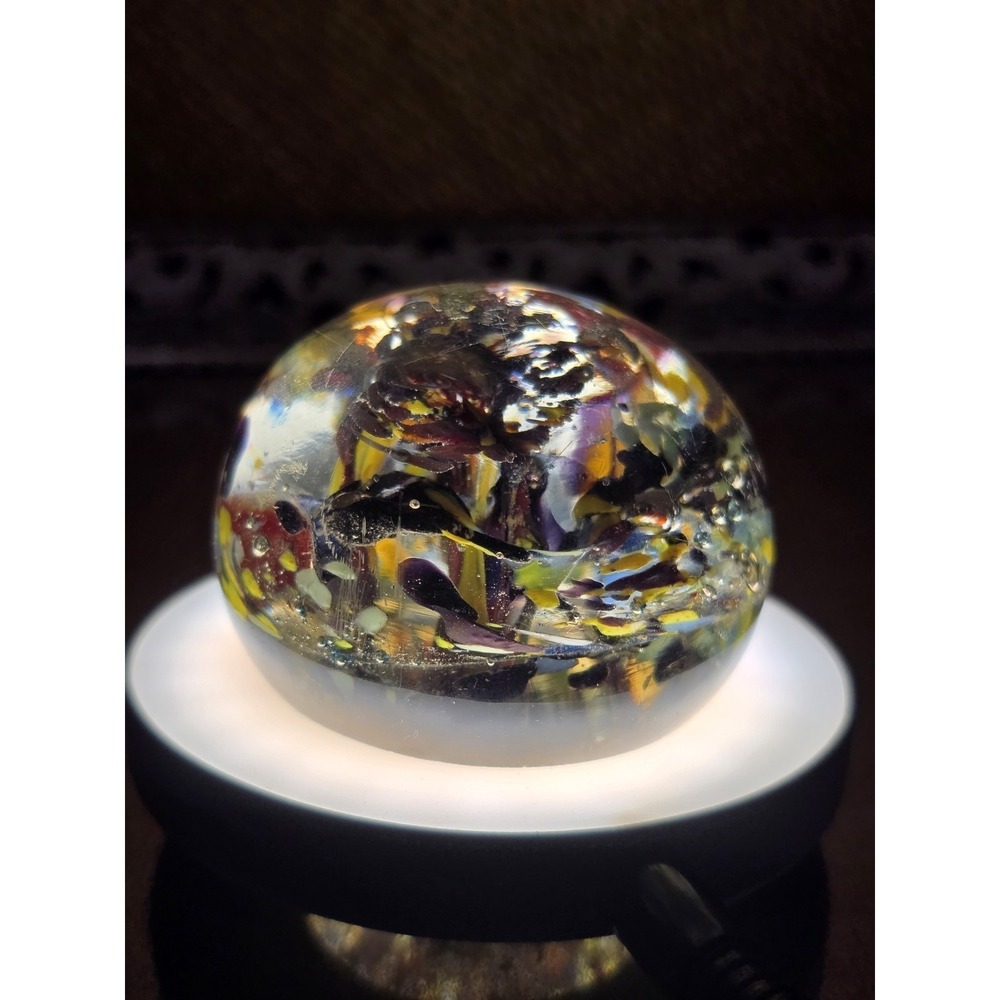 Vintage‎ Art Glass Paperweight Multicolor Confetti Swirl with Bubbles Orb NOTE